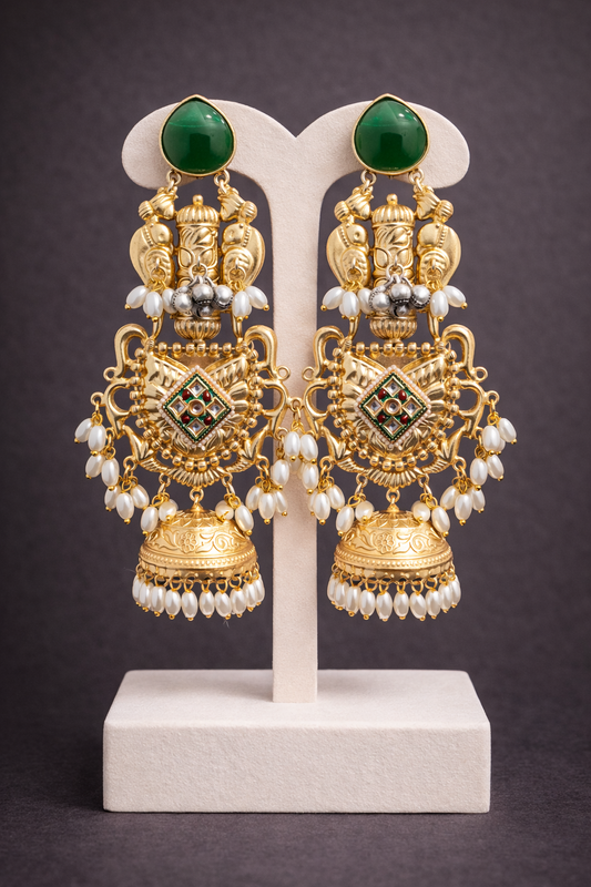 Emerald Green & Gold Plated Pearl Drop Jhumka Earrings-G351400