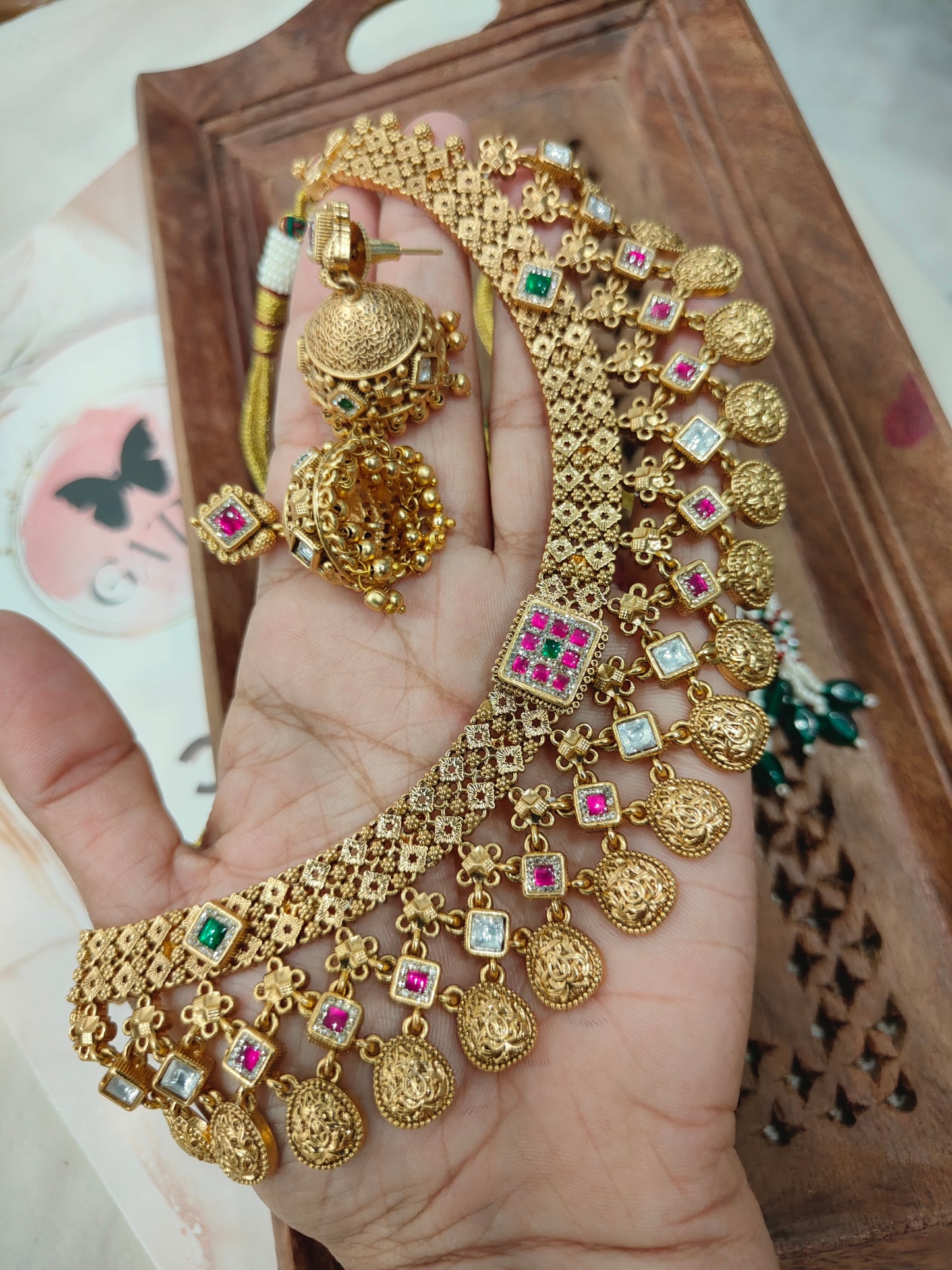 Rajwadi Antique Jaalar Gold Necklace with Jhumka Earrings