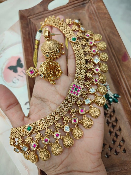 Rajwadi Antique Jaalar Gold Necklace with Jhumka Earrings