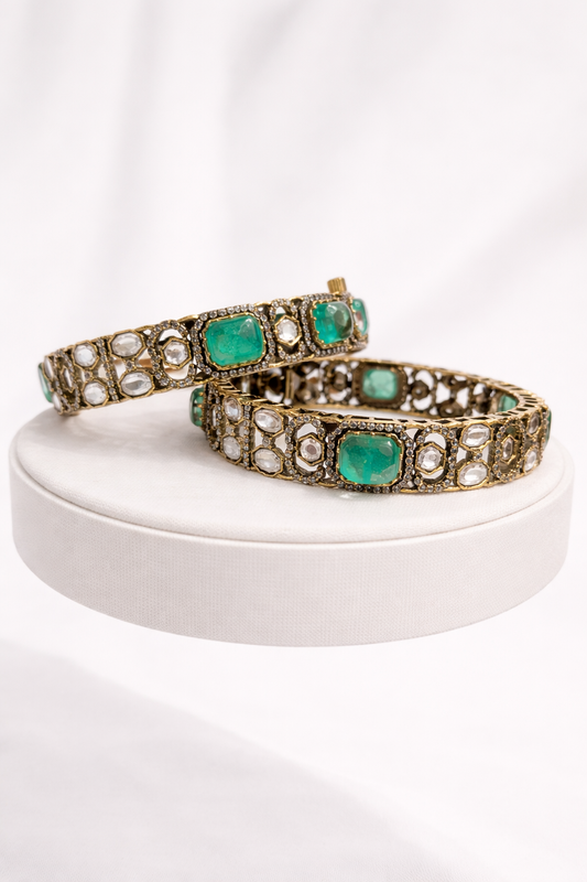 Emerald Green Moissanite Polki Bangles(Set of 2)