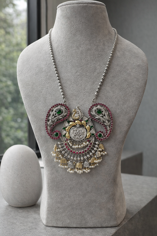 Oxidized Silver Temple Jewelry Set with Ruby Green Stones & Pearls-G351800