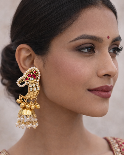 Fusion Kundan & Pearl Peacock Jhumka Earrings-G351000