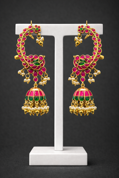 Jadav Pachi Kundan Peacock Design Jhumka Earrings(Ear Cuffs)-G354200