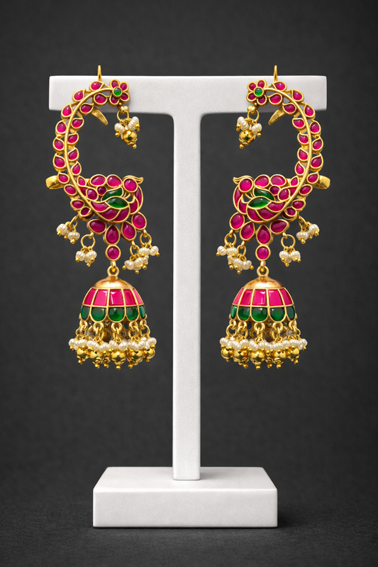 Jadav Pachi Kundan Peacock Design Jhumka Earrings(Ear Cuffs)-G354200