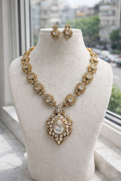 Long Kundan & American Diamond Necklace Set