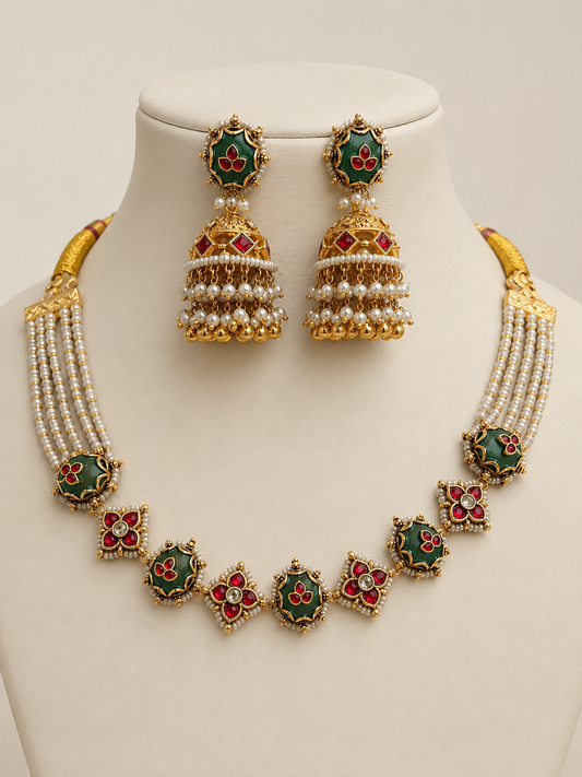 Jadau Kundan & Emerald Pearl Choker Set-G356200