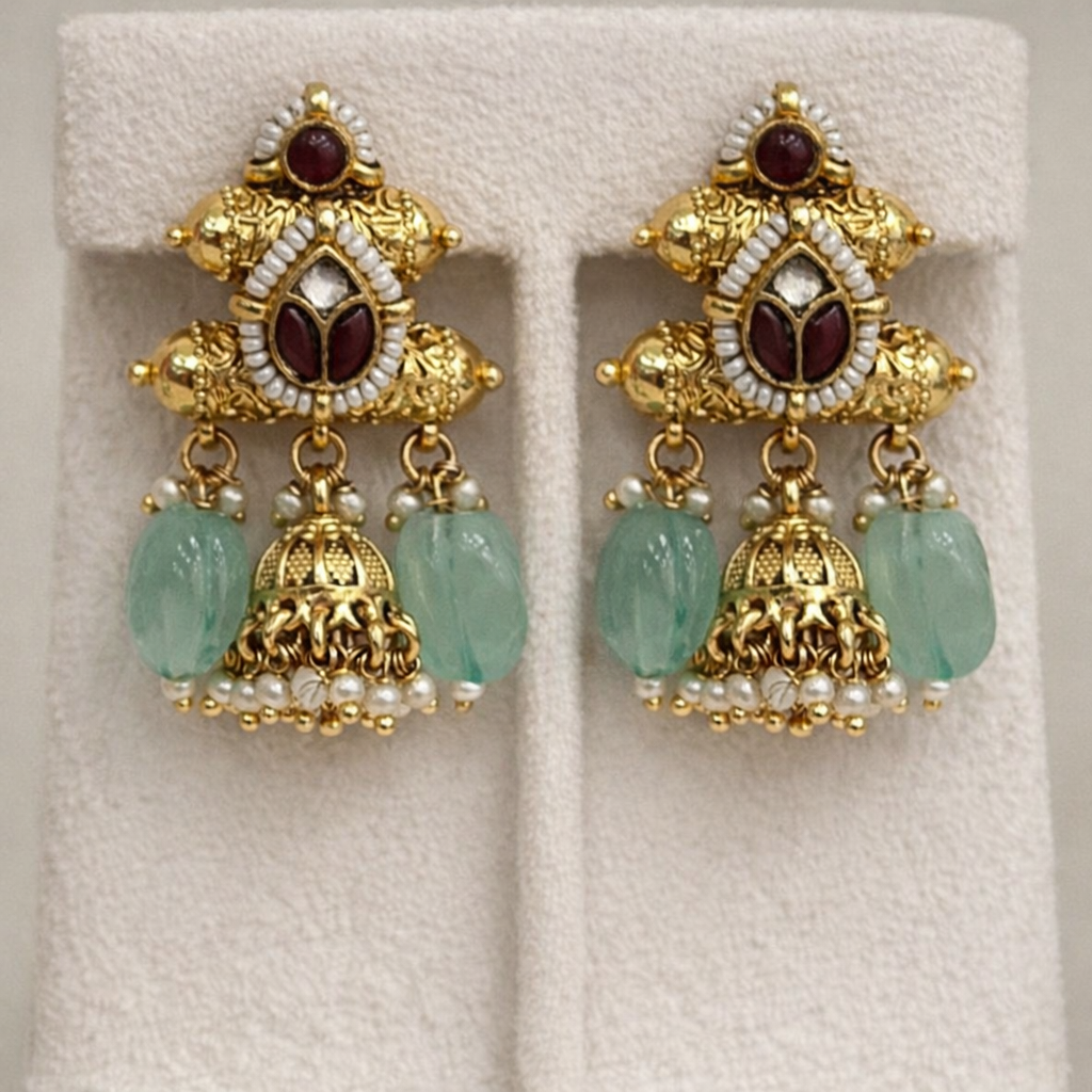 Antique Jadau Kundan Pendant Chain With Earings-G355400