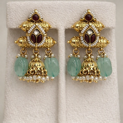 Antique Jadau Kundan Pendant Chain With Earings-G355400