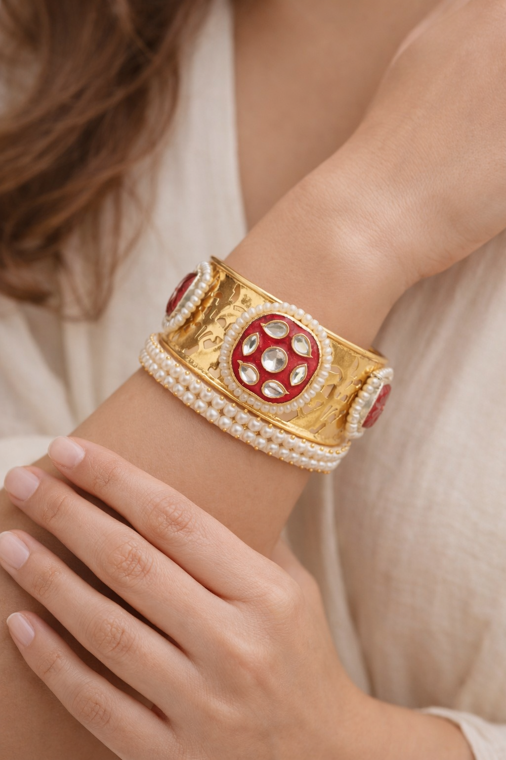 Ruby Pearl Kundan Fusion Kada Bracelet