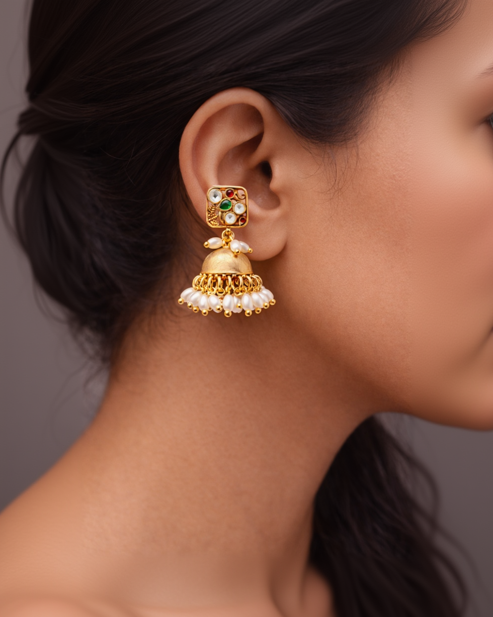 Heritage Gold-Toned Jadav & Pearl Jhumka Earrings-G351300