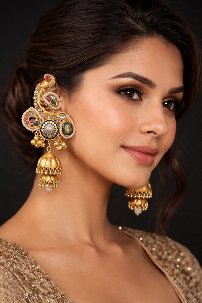Gold Peacock Kundan Jhumka Ear Cuffs-G352100