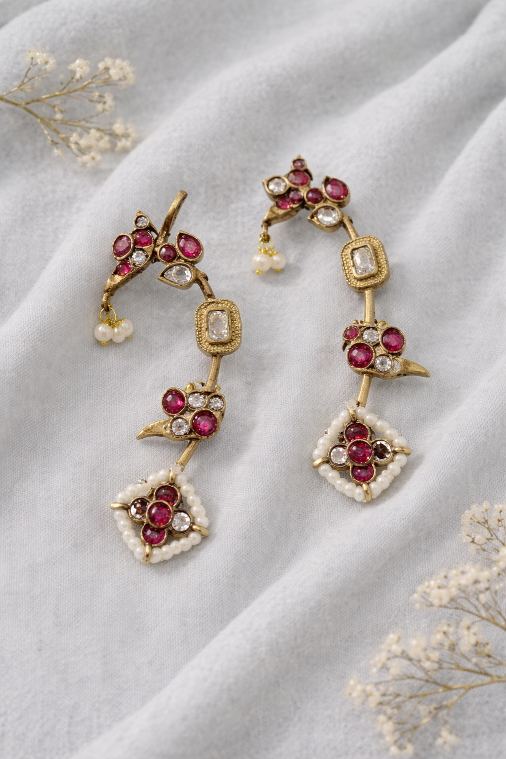 Kundan & Ruby Red Polki Earings Ear Cuffs-G35300