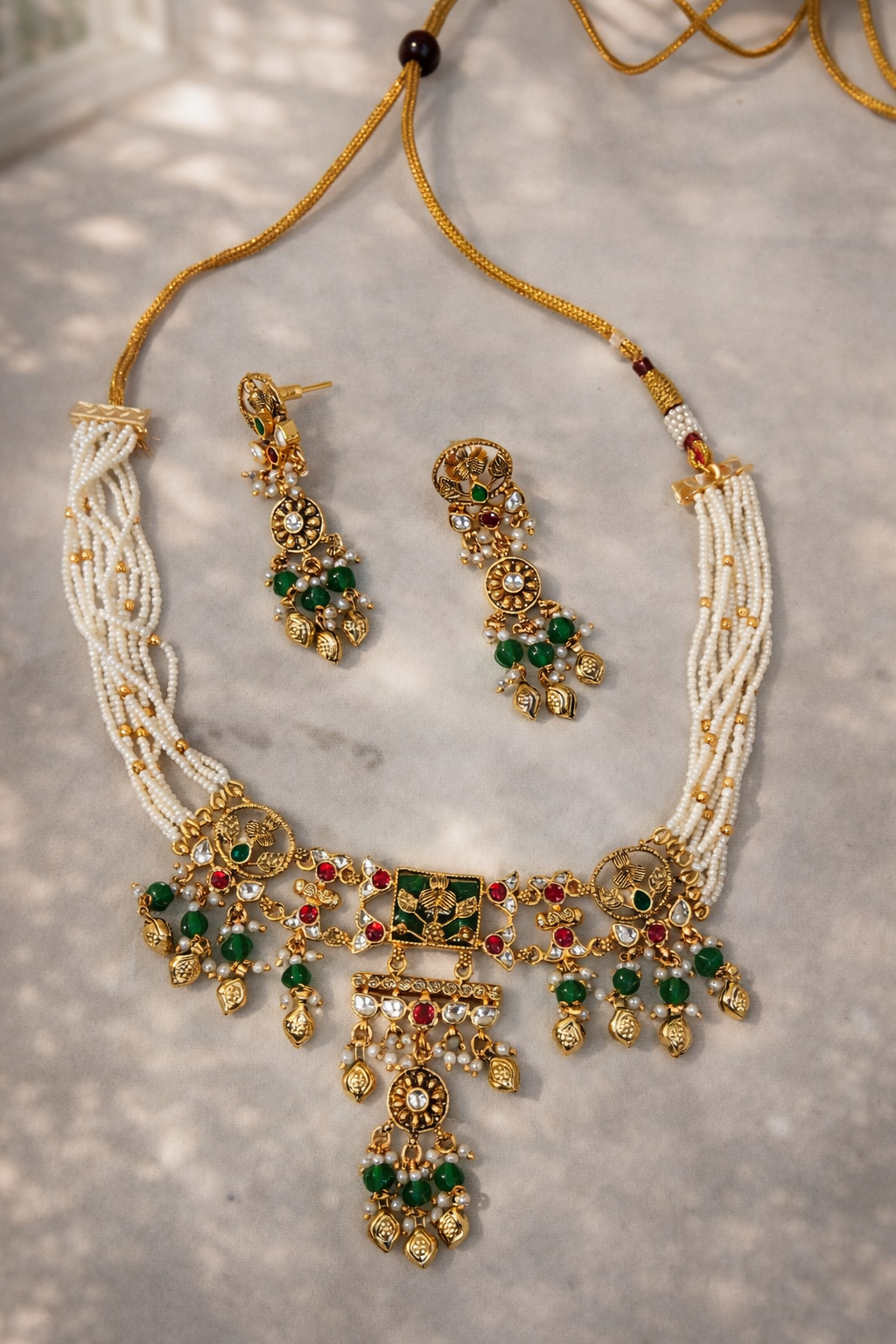 Ethnic Green and White Beaded Choker Set