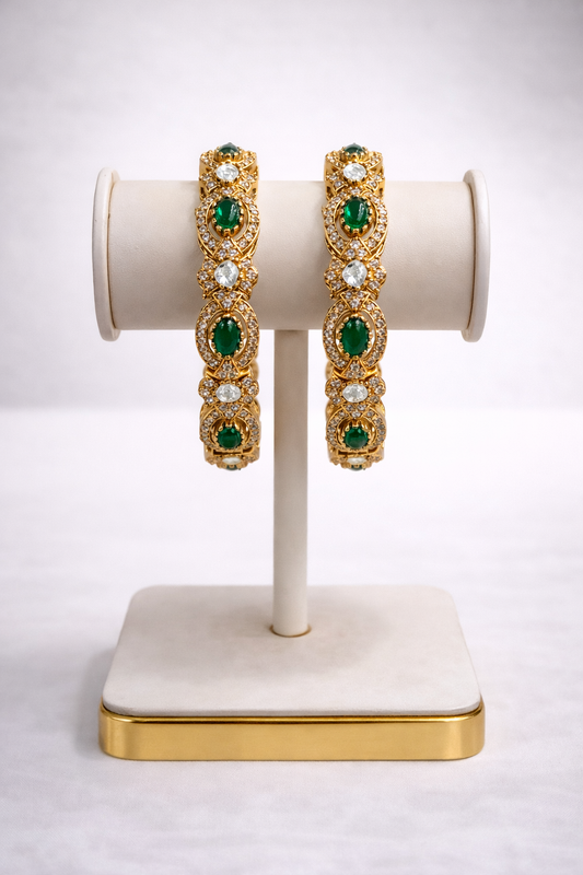 Emerald Stone & CZ Diamond  Bangles(Set of 2)