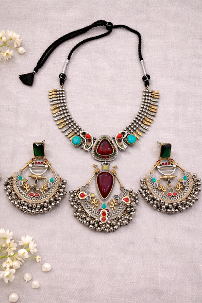 Oxidized Silver Navratri special Blue Stone Necklace Set-G353800