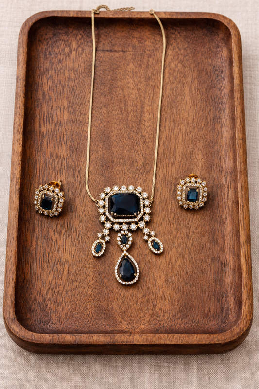 Royal Blue & Crystal Gold-Toned Pendant Set