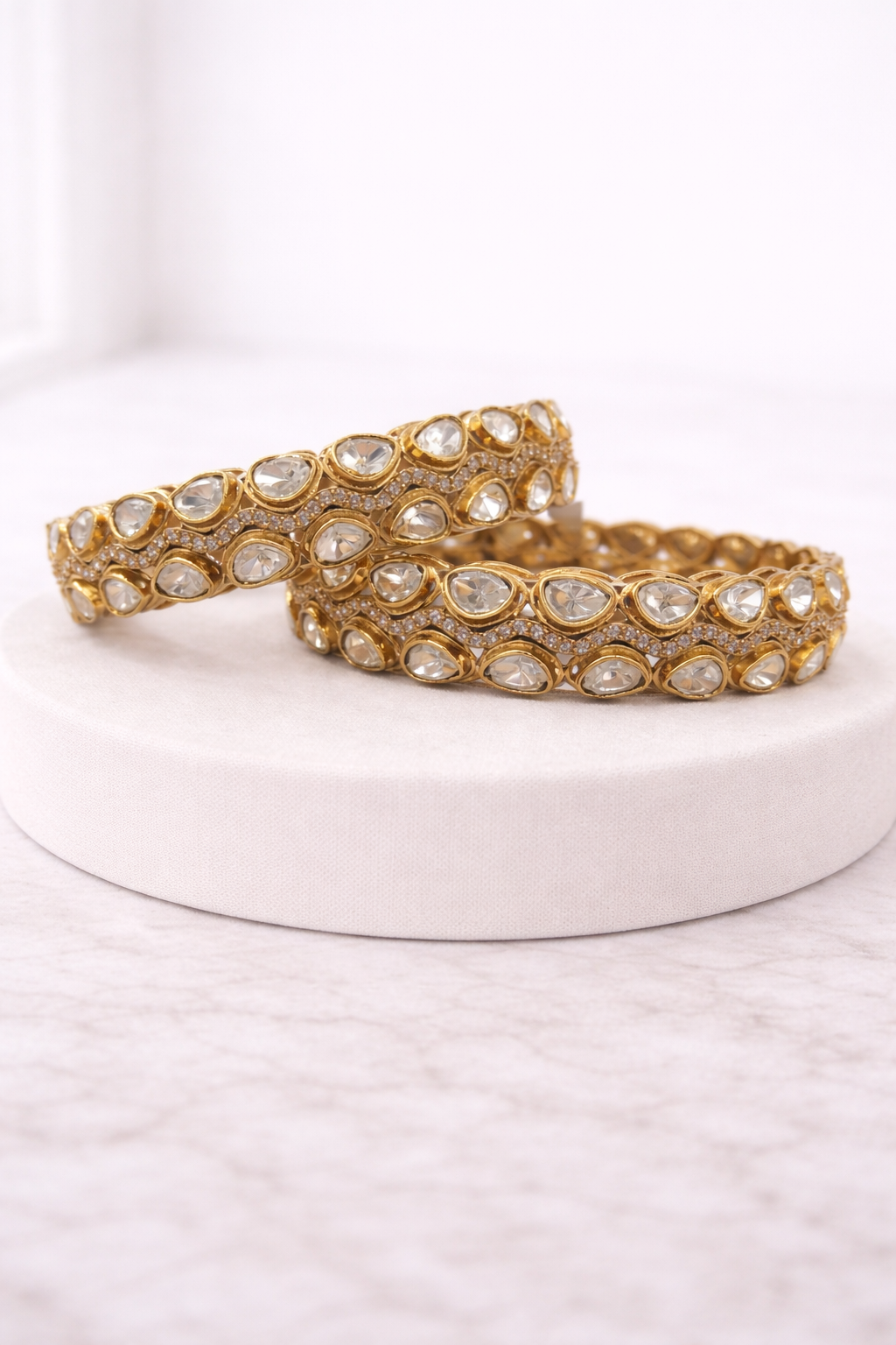 Mossonite Gold-Plated Kundan Polki Bangle(Set of 2)