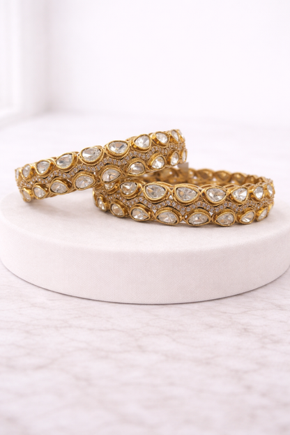 Mossonite Gold-Plated Kundan Polki Bangle(Set of 2)