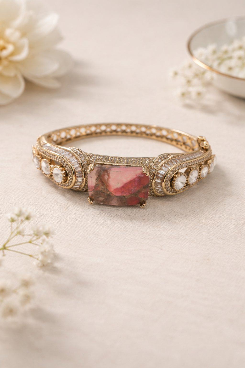 Pink Stone & Diamond Gold Bangle Bracelet