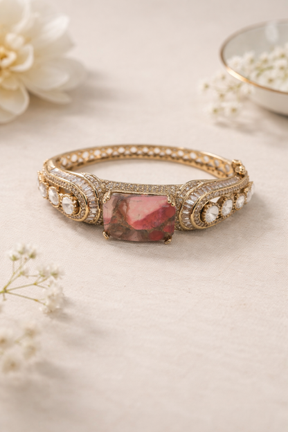 Pink Stone & Diamond Gold Bangle Bracelet