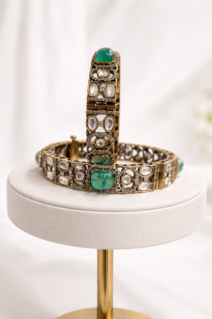 Emerald Green Moissanite Polki Bangles(Set of 2)