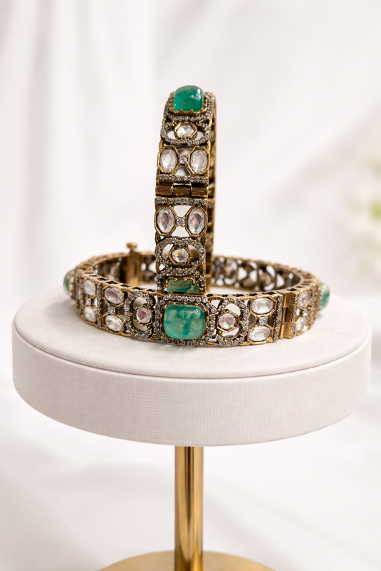 Emerald Green Moissanite Polki Bangles(Set of 2)