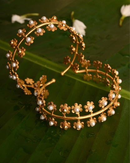 Fusion Pearl & Gold Plated Floral Bangles (Set of 2)-G351000