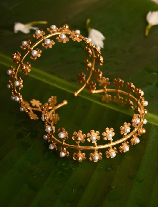 Fusion Pearl & Gold Plated Floral Bangles (Set of 2)-G351000