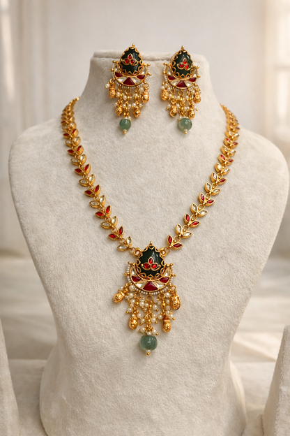 Classy Navratna Style Short Necklace and Earring Set