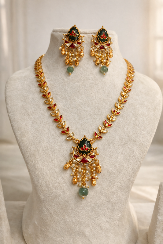 Classy Navratna Style Short Necklace and Earring Set