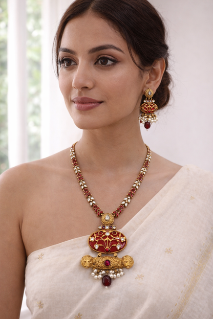 Fusion Victorian-Plated Kundan & Ruby Red Necklace Set-G352800