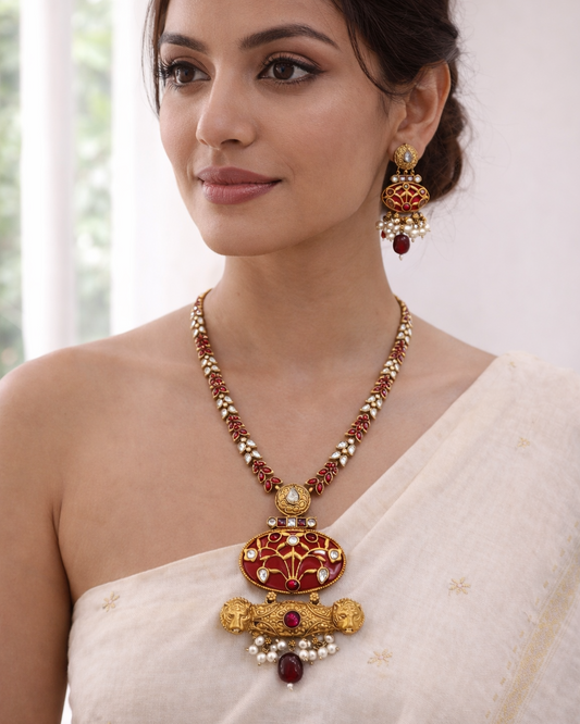 Fusion Victorian-Plated Kundan & Ruby Red Necklace Set-G352800