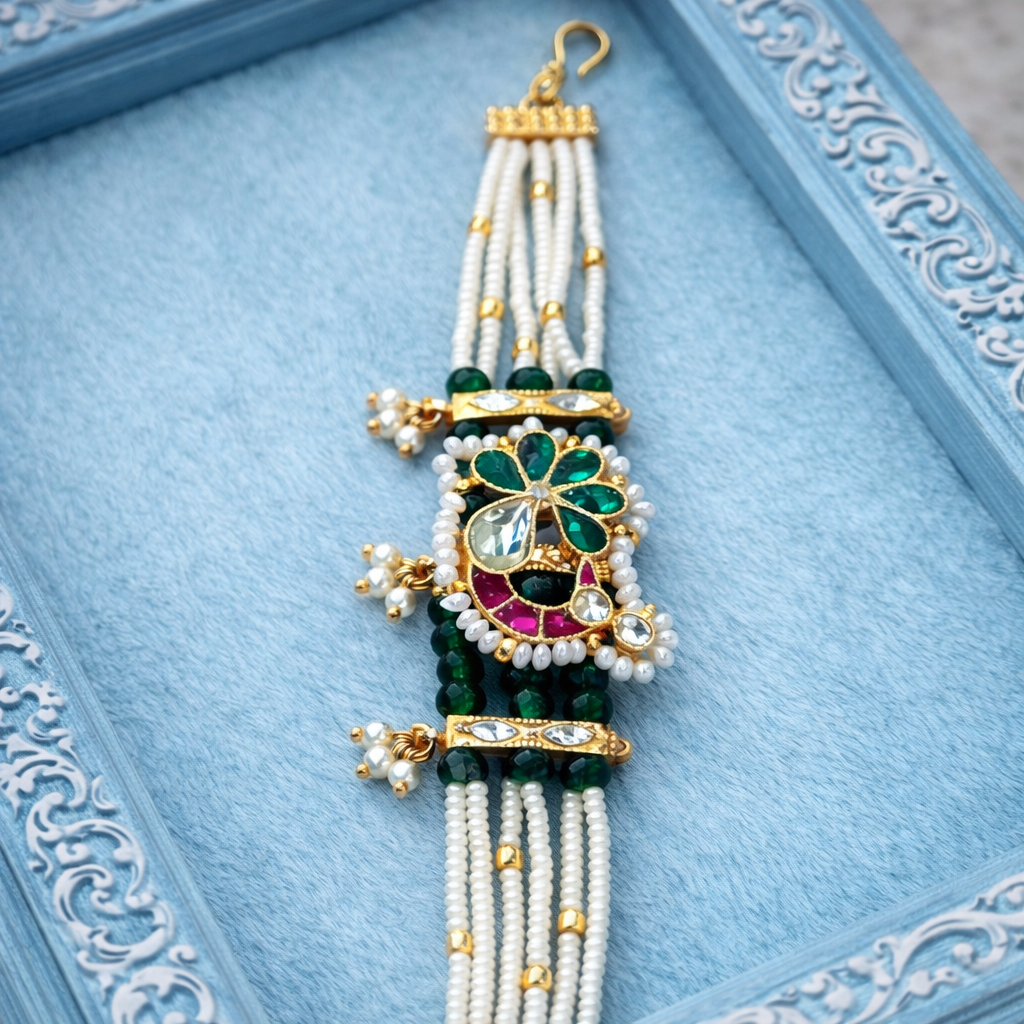 Emerald Green and Pearl Kundan Traditional Indian Bracelet-G351100