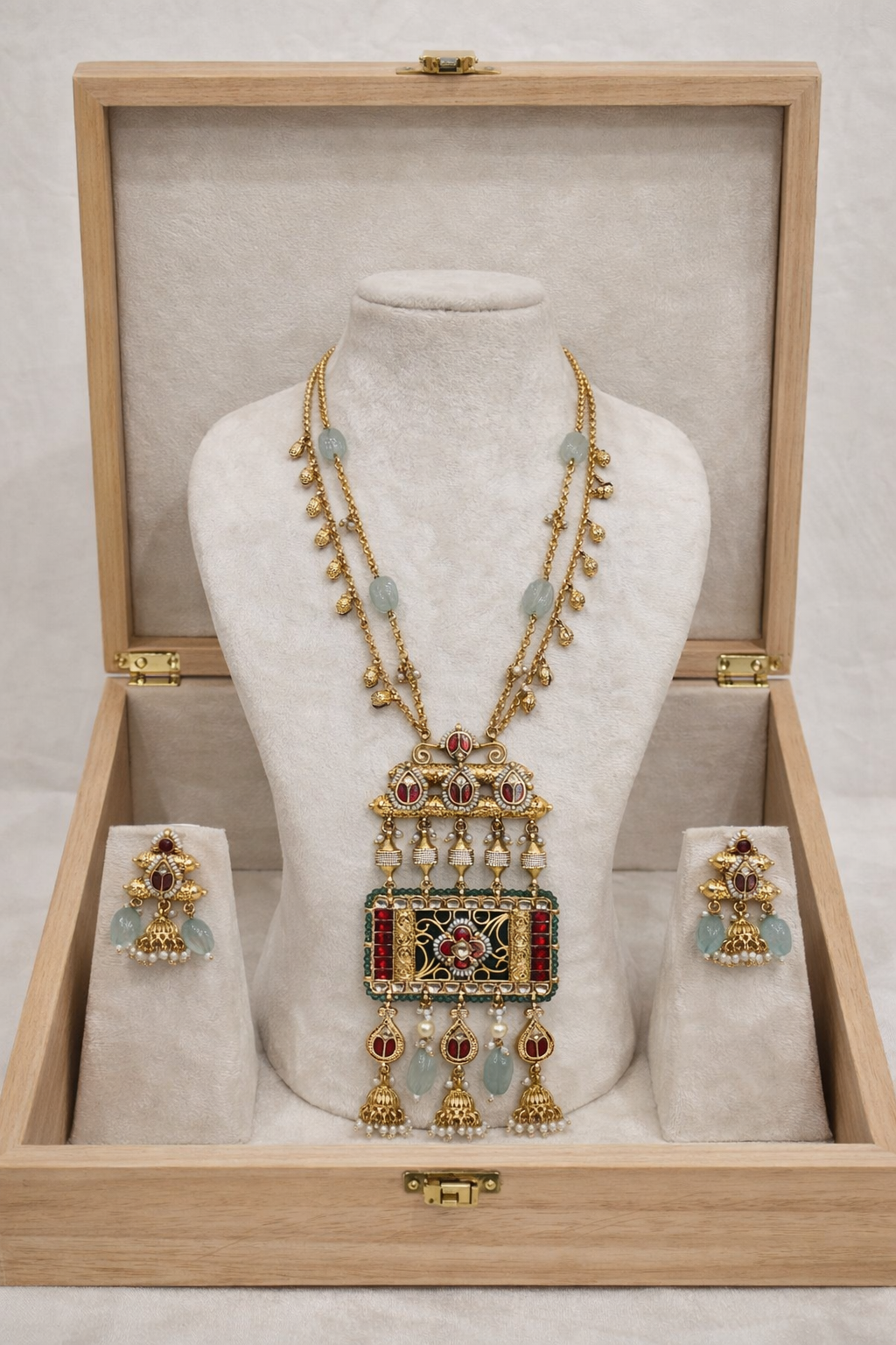 Antique Jadau Kundan Pendant Chain With Earings-G355400