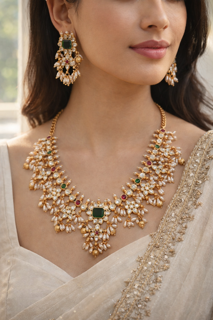 Elegant Polki and Rice Pearl Bridal Jewelry Set