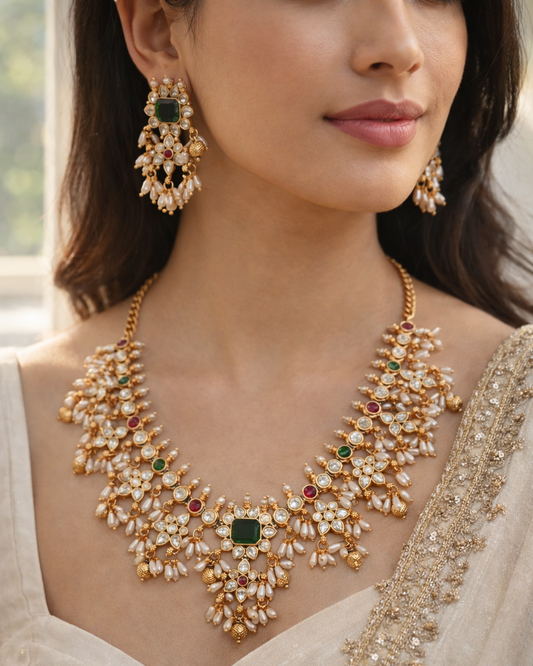 Elegant Polki and Rice Pearl Bridal Jewelry Set-G353400