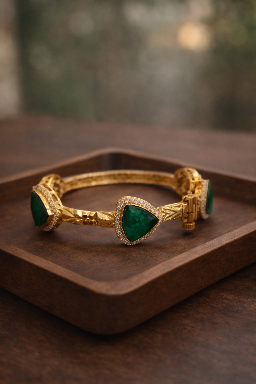 Green Onyx and Diamond Accent Bangle Bracelet Kada