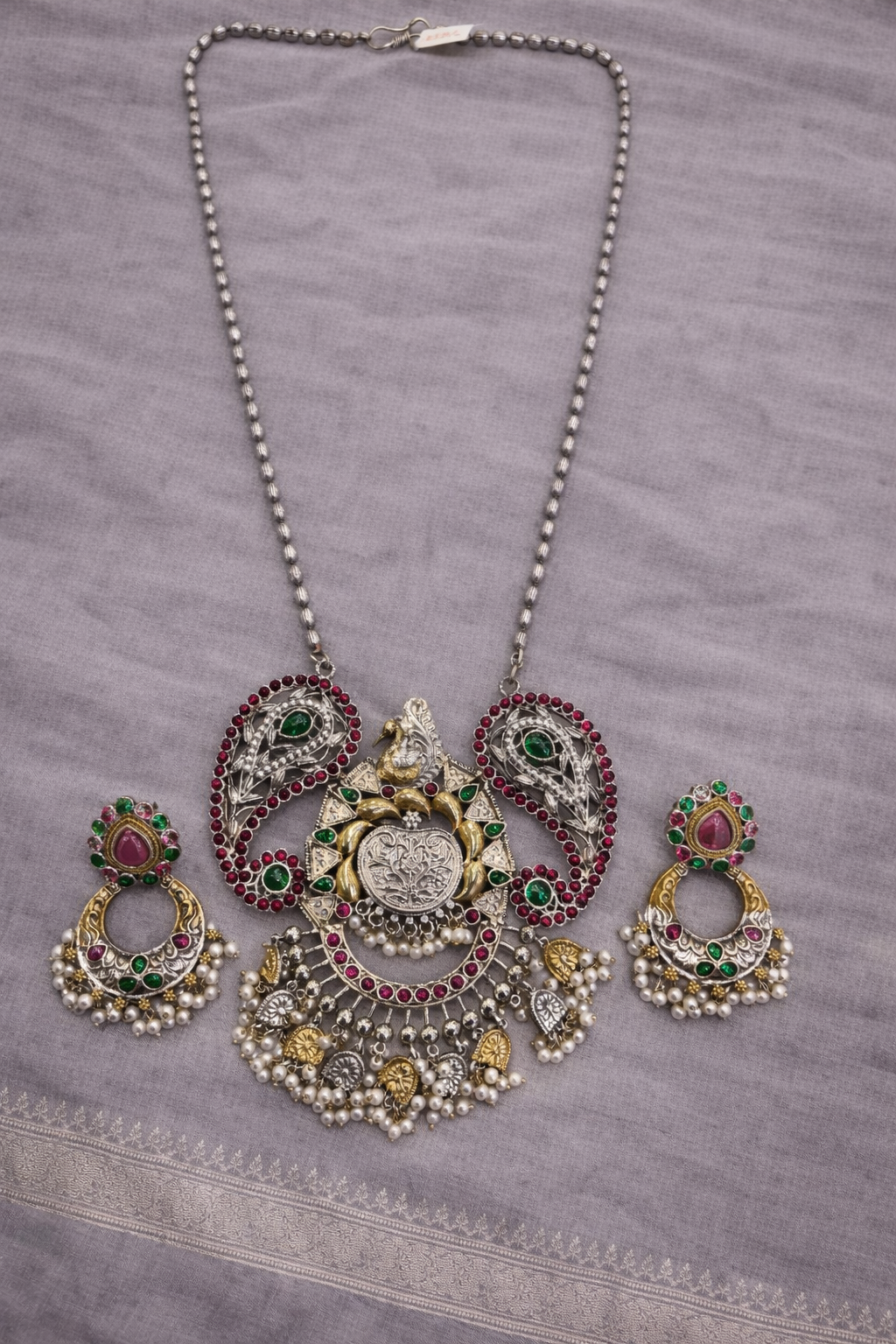 Oxidized Silver Temple Jewelry Set with Ruby Green Stones & Pearls-G351800