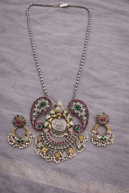 Oxidized Silver Temple Jewelry Set with Ruby Green Stones & Pearls-G351800