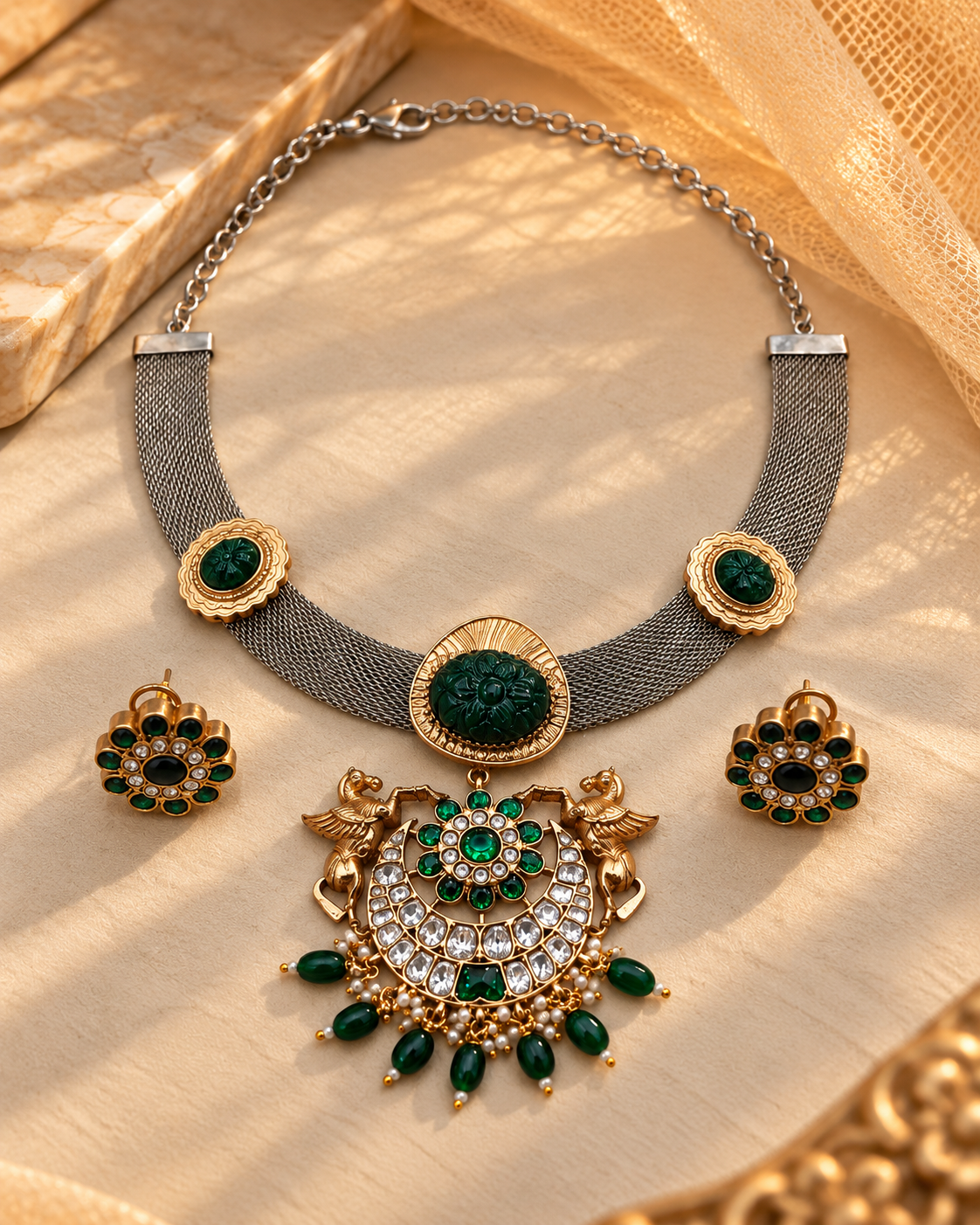 Sabyasachi Jadau Dual Tone Chokers Necklace Set-NK2296