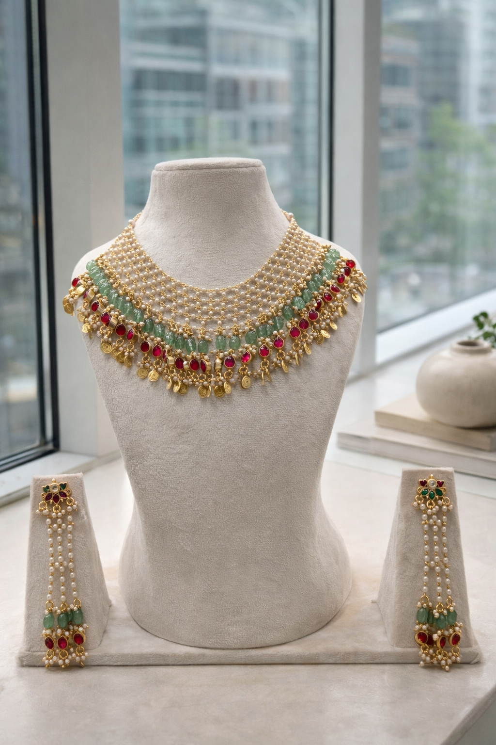 Multi-Layered Jadau and Pearl Choker with Gold Coin Drops