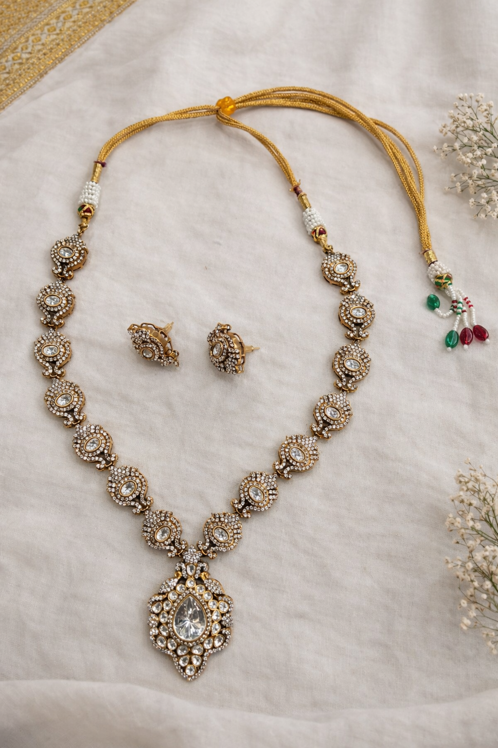 Long Kundan & American Diamond Necklace Set