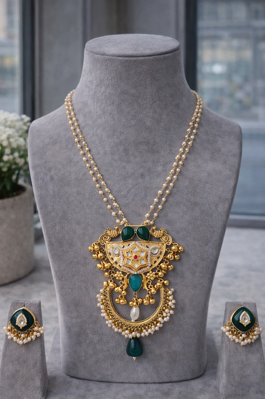 Emerald & Pearl Kundan-Style Gold-Toned Pendant Set-G353300