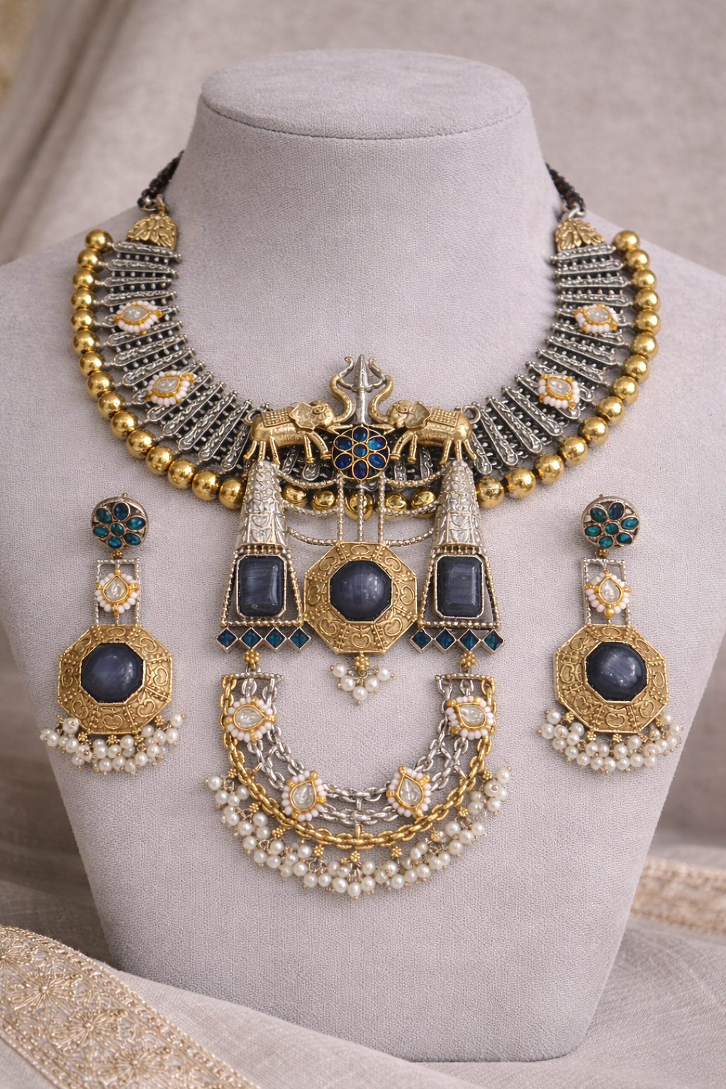 Dual-Tone Oxidized Silver & Gold Plated Statement Choker Set-G353800