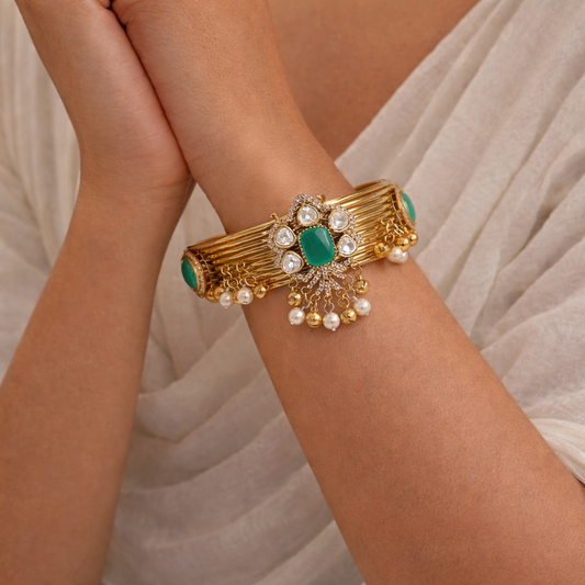 Emerald & Diamond Kundan Pearl Drop Bangle Bracelet