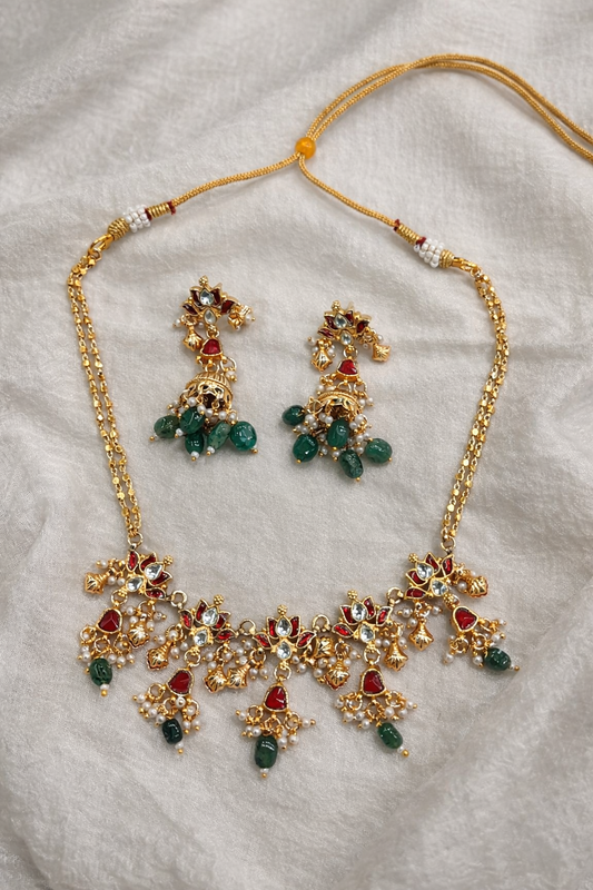 Gold-Plated Jadau Kundan Lotus Necklace Set-G353300