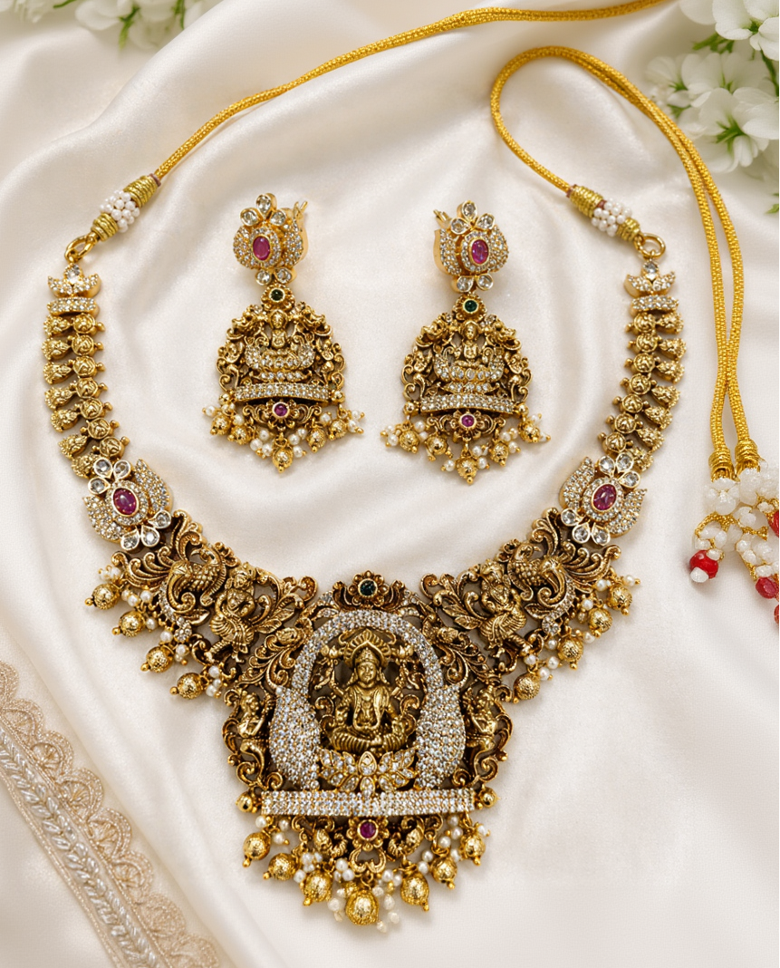 Antique Gold Lakshmi Temple Necklace Set-G353300