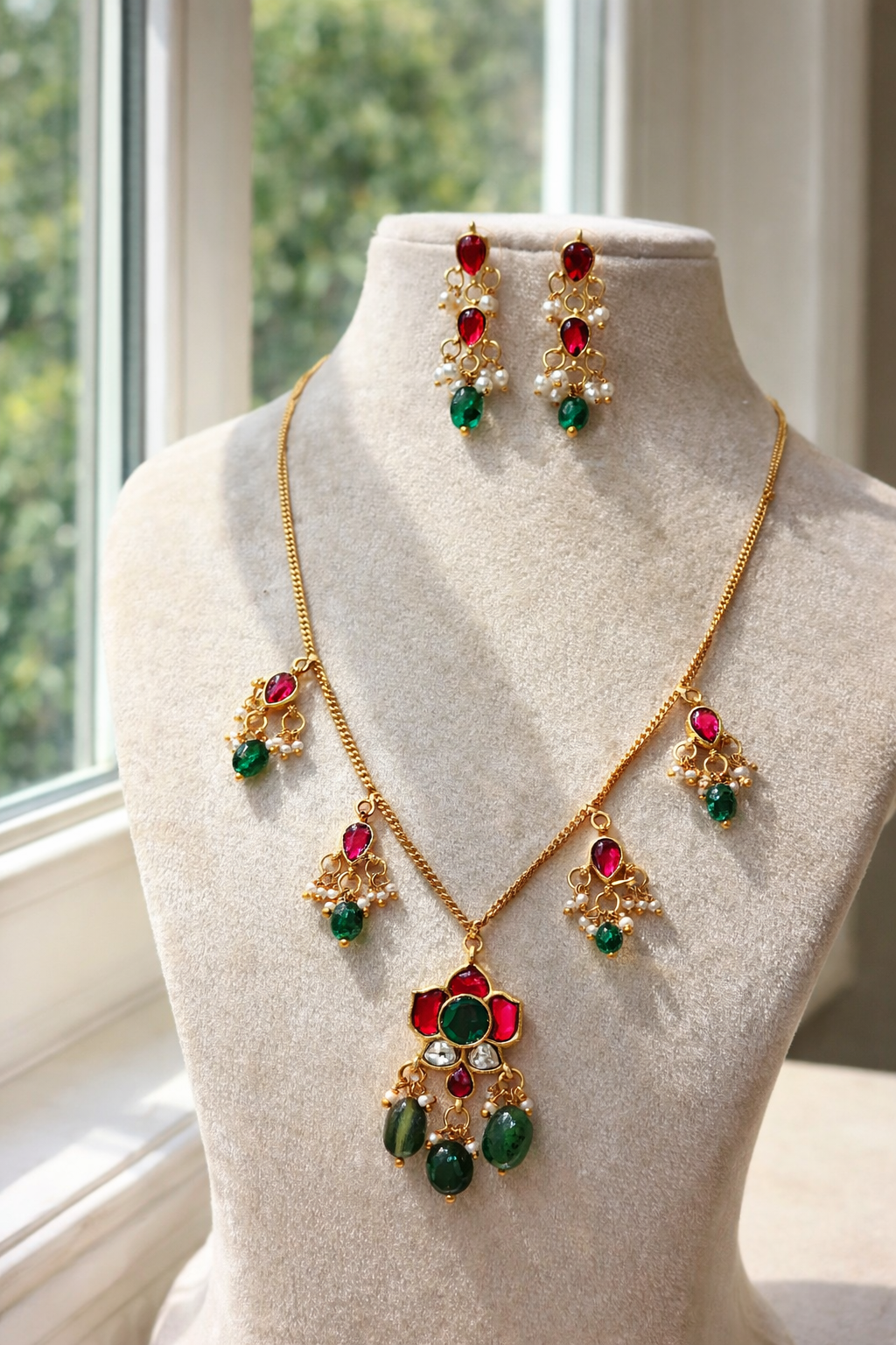 Elegant Multistone Pearl Drop Invisible Chain Set