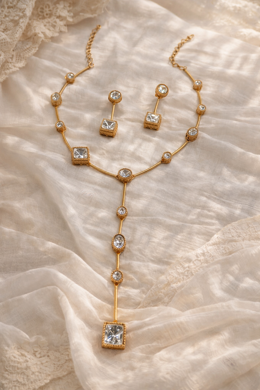 Gold Plated Mossonite Lariat Necklace Set