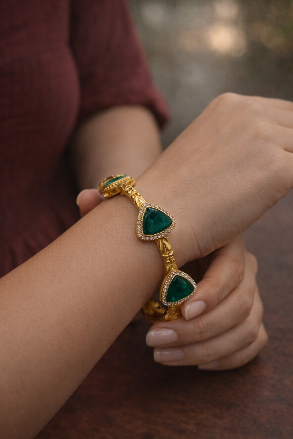 Green Onyx and Diamond Accent Bangle Bracelet Kada